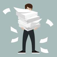 Businessman holds pile of office papers and documents. Documents and file. Routine, bureaucracy, big data, paperwork, office. illustration in flat style vector