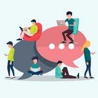 People sitting on big symbols. Speech bubbles for comment and reply concept. Flat illustration of young people using lap top for texting and leaving comments in social networks. vector