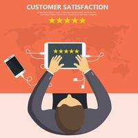 Rating on customer service illustration. Man sitting at the table and holding his tablet with five stars on the screen. Website rating feedback and review concept. Flat illustration vector