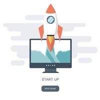 Start up business concept for mobile app development or other disruptive digital business ideas. Cartoon rocket launching from smart phone tablet. Flat illustration vector
