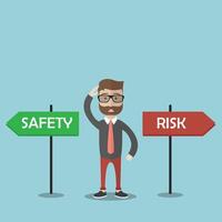 Confused businessman standing next to safety and risk signs. Work with safety concept. Business flat banner. illustration stock illustration vector