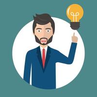 Businessman with an idea concept. Man standing next to light bulb as symbol of great business idea. Flat illustration stock illustration vector