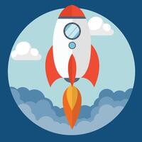 Start up business concept for mobile app development or other disruptive digital business ideas. Cartoon rocket launching from smart phone tablet. Flat illustration vector