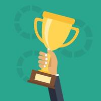 Hand holding trophy. Concept for winning in sports, business. Flat illustration vector