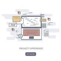 proyecto experiencia concepto. plano estilo, Delgado línea Arte diseño. conjunto de solicitud desarrollo, web sitio codificación, información y móvil tecnologías íconos y elementos. plano ilustración vector