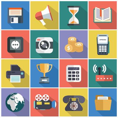 Modern flat icons collection with long shadow effect in stylish colors of web design objects, business, office and marketing items