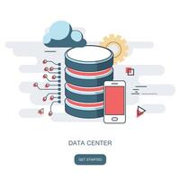 datos centrar nube computadora, conexión alojamiento, servidor base de datos. plano ilustración vector