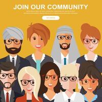 Join our community. Crowd of united people as a business or creative community standing together. Flat concept website template and landing page design for invitation to summit or conference vector