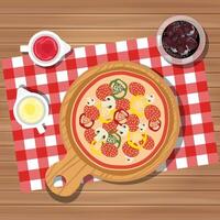 Pizza on table with bottles of ketchup and mayonnaise served with glass of juice with ice. Served dinner on table, top view. Flat illustration vector