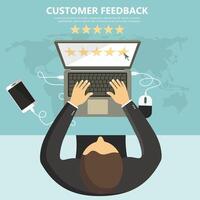 Rating on customer service illustration. Man sitting at the table and holding his tablet with five stars on the screen. Website rating feedback and review concept. Flat illustration vector