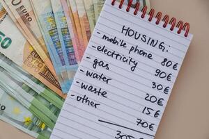 Euro cash money with notebook handwritten housing expenses. Counting bills for electricity, gas, water. Concept of Efficient Consumption and Economy. Spending habits photo