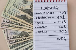 Dollar cash money with notebook handwritten housing expenses. Counting bills for electricity, gas, water. Concept of Efficient Consumption and Economy. Spending habits photo