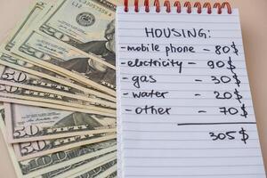 Dollar cash money with notebook handwritten housing expenses. Counting bills for electricity, gas, water. Concept of Efficient Consumption and Economy. Spending habits photo