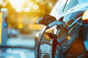 Electric vehicle charging at EV charger station in urban setting photo