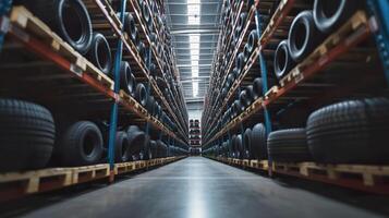 Stacked New Tires arranged in rows in Automotive Warehouse, close up photo