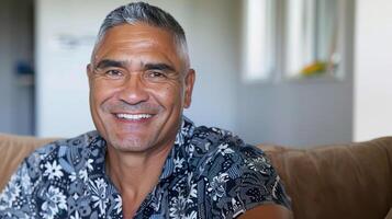 Middle aged Maori man sitting at home on couch, indoor portrait photo