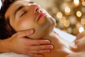 Hispanic man enjoying relaxing facial massage in a spa photo