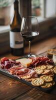 Elegant appetizer selection with wine, prosciutto, and cheese photo