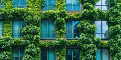 Urban apartment building covered with lush green plants photo