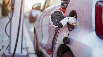 Electric vehicle charging at EV charger station in urban setting photo