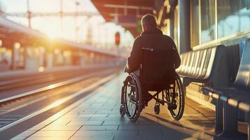 Back view of middle aged man in wheelchair at train station waiting for public transport at station photo