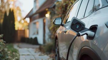 An electric car plugged in and charging at a residential driveway. EV charging photo