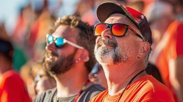 Diverse group of middle aged fans enjoying a sports event, live game photo