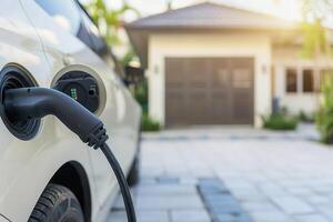 An electric car plugged in and charging at a residential driveway. EV charging photo