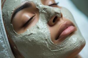 Hispano mujer relajante con verde facial máscara en spa ajuste foto
