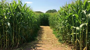 Rural field of corn. Dirt path running between tall rows of corn stalks photo