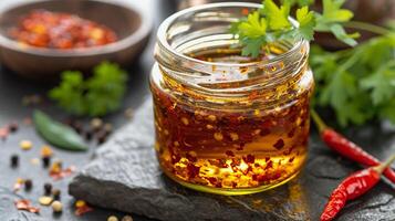 Mason jar filled with chili oil on table in home kitchen photo