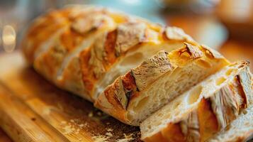 Crusty artisan bread, sliced on a rustic wooden board photo