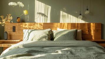 Warm morning light spills over bed dressed in light sage green linen photo