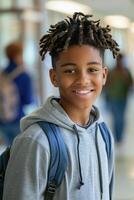 Cheerful African American teenage boy in school hallway photo