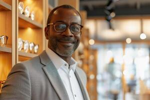 Middle aged black man in optical store. Customer trying on new glasses, blurred background photo