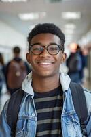 Cheerful African American teenage boy in school hallway photo