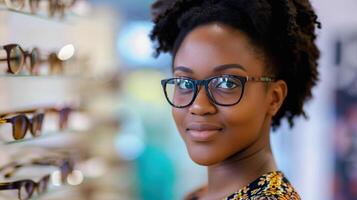 Young black woman in optical store trying on new glasses, blurred background photo