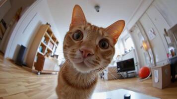 Curious ginger cat looking at the camera on a wooden floor photo