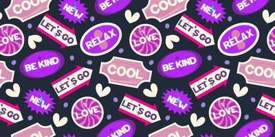 Y2k seamless sticker background rertro design. Sticker with text and round smile. Trendy y2k positive pattern. Collage purple label. illustration vector