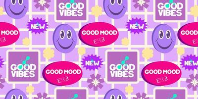 Y2k seamless sticker background rertro design. Sticker with text and round smile. Trendy y2k positive pattern. Collage purple label. illustration vector