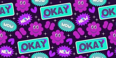 Y2k seamless sticker background rertro design. Sticker with text and round smile. Trendy y2k positive pattern. Collage purple label. illustration vector