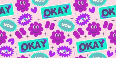 Y2k seamless sticker background rertro design. Sticker with text and round smile. Trendy y2k positive pattern. Collage purple label. illustration vector