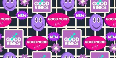 Y2k seamless sticker background rertro design. Sticker with text and round smile. Trendy y2k positive pattern. Collage purple label. illustration vector