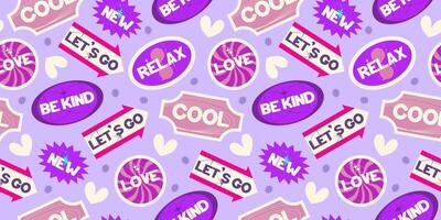 Y2k seamless sticker background rertro design. Sticker with text and round smile. Trendy y2k positive pattern. Collage purple label. illustration vector