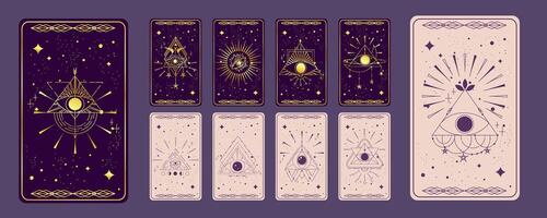 Tarot card gold set with mystic eye pyramid isolated. Boho esoteric tarot card with eye and star. illustration. Sacred geometry celestial triangle vector