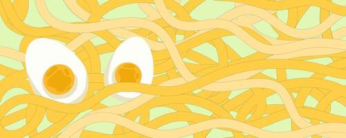 Noodle Ramen Pattern with egg background. Pasta food texture spaghetti geometric. Abstract ramen ornament. Flat illustration. Wave texture background vector