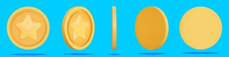 Gold Coin set 3d render. Game Money on color background. Coin with star for game reward and prize. 3d illustration. vector