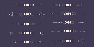 Moon Phases set with celestial border isolated on dark background. Mystic esoteric symbol with moon and border. Astrology cycle eclipse. design element. vector