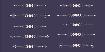 Moon Phases set with celestial border isolated on dark background. Mystic esoteric symbol with moon and border. Astrology cycle eclipse. design element. vector