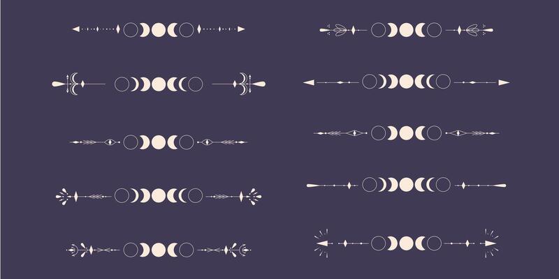 Moon Phases set with celestial border isolated on dark background. Mystic esoteric symbol with moon and border. Astrology cycle eclipse. design element.